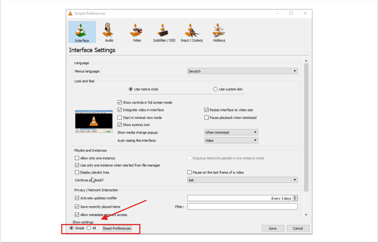 vlc player einstellungen auf erweiterte einstellungen