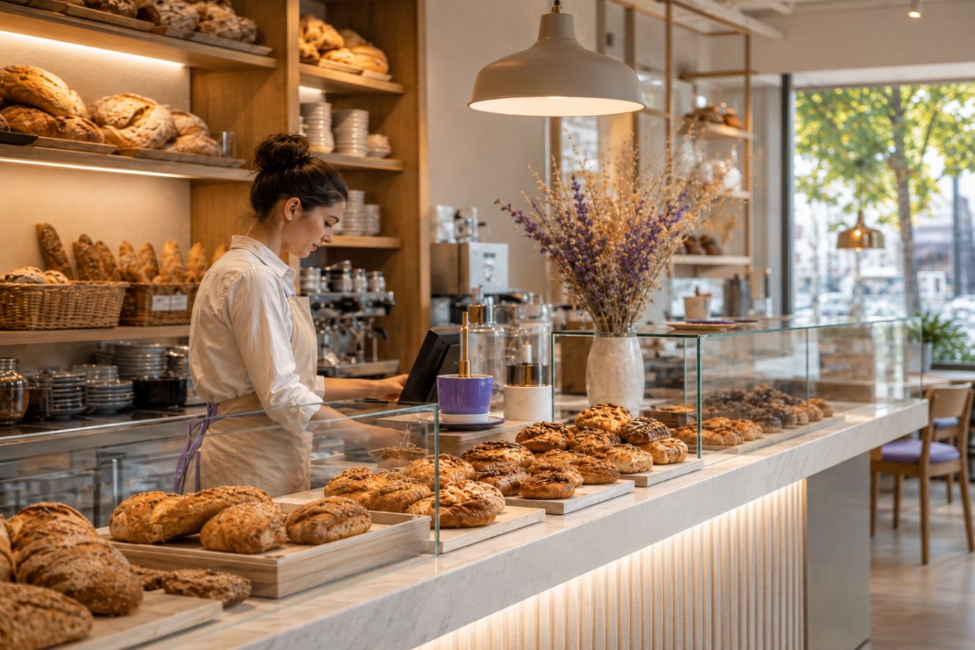 Moderne B&auml;ckerei mit Verkaufstresen und integriertem Caf&eacute;bereich