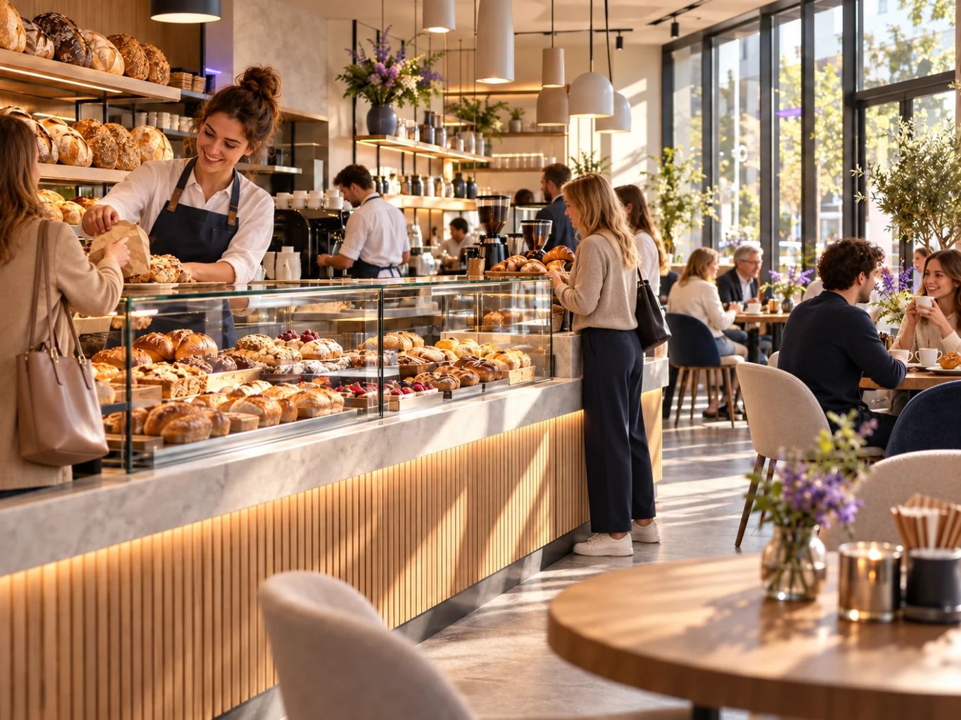 B&auml;ckerei tags&uuml;ber: Kundinnen am Verkaufstresen, G&auml;ste bei Kaffee im Caf&eacute;bereich