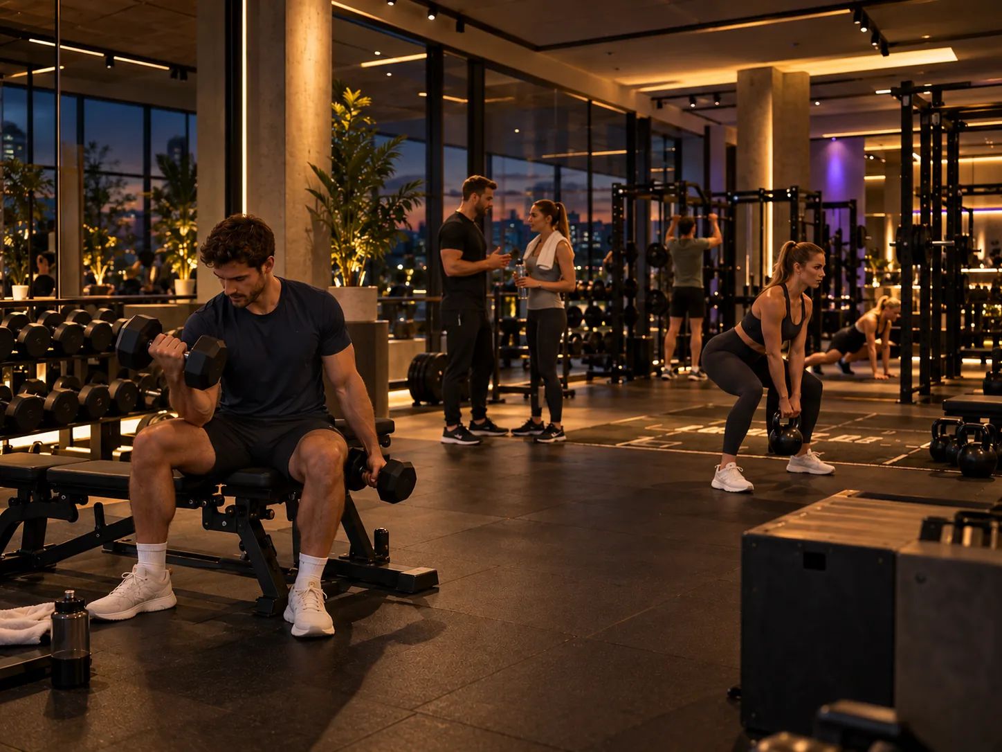 Gym in the evening: Members train with short dumbbells and kettlebells in warm light, with the city in the background in the evening twilight