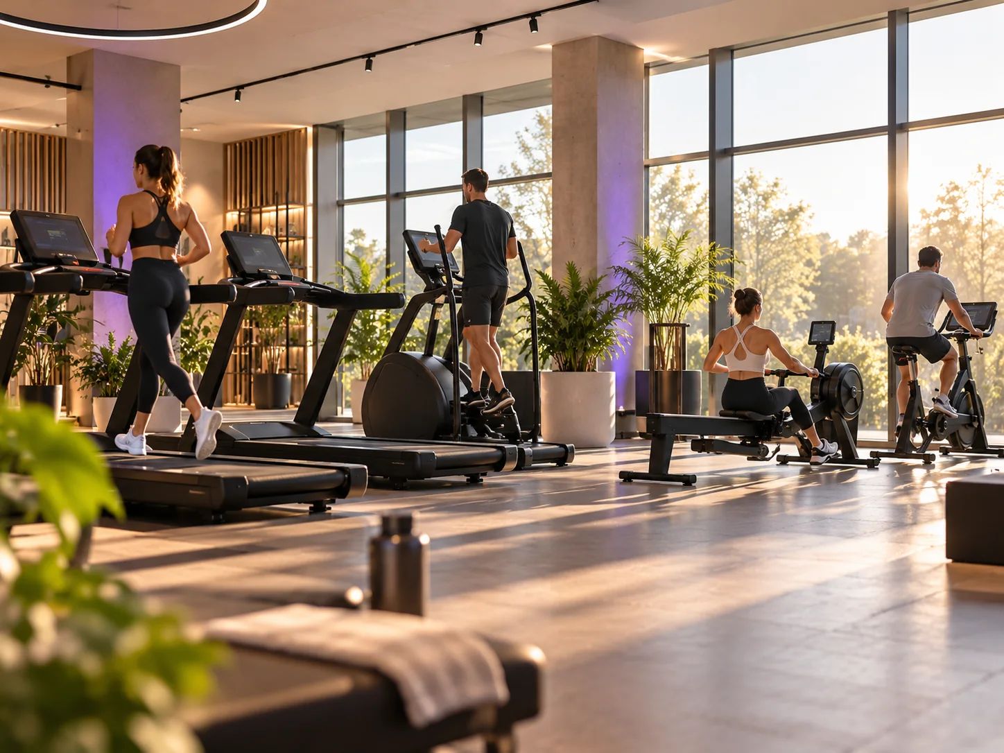 Gym in the morning: Members on treadmills, elliptical trainers, rowing machines and bikes in front of large windows in the morning light