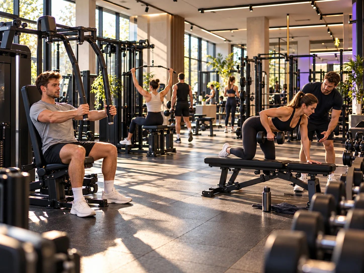Gym during the day: Members train on weight machines, a trainer corrects an exercise