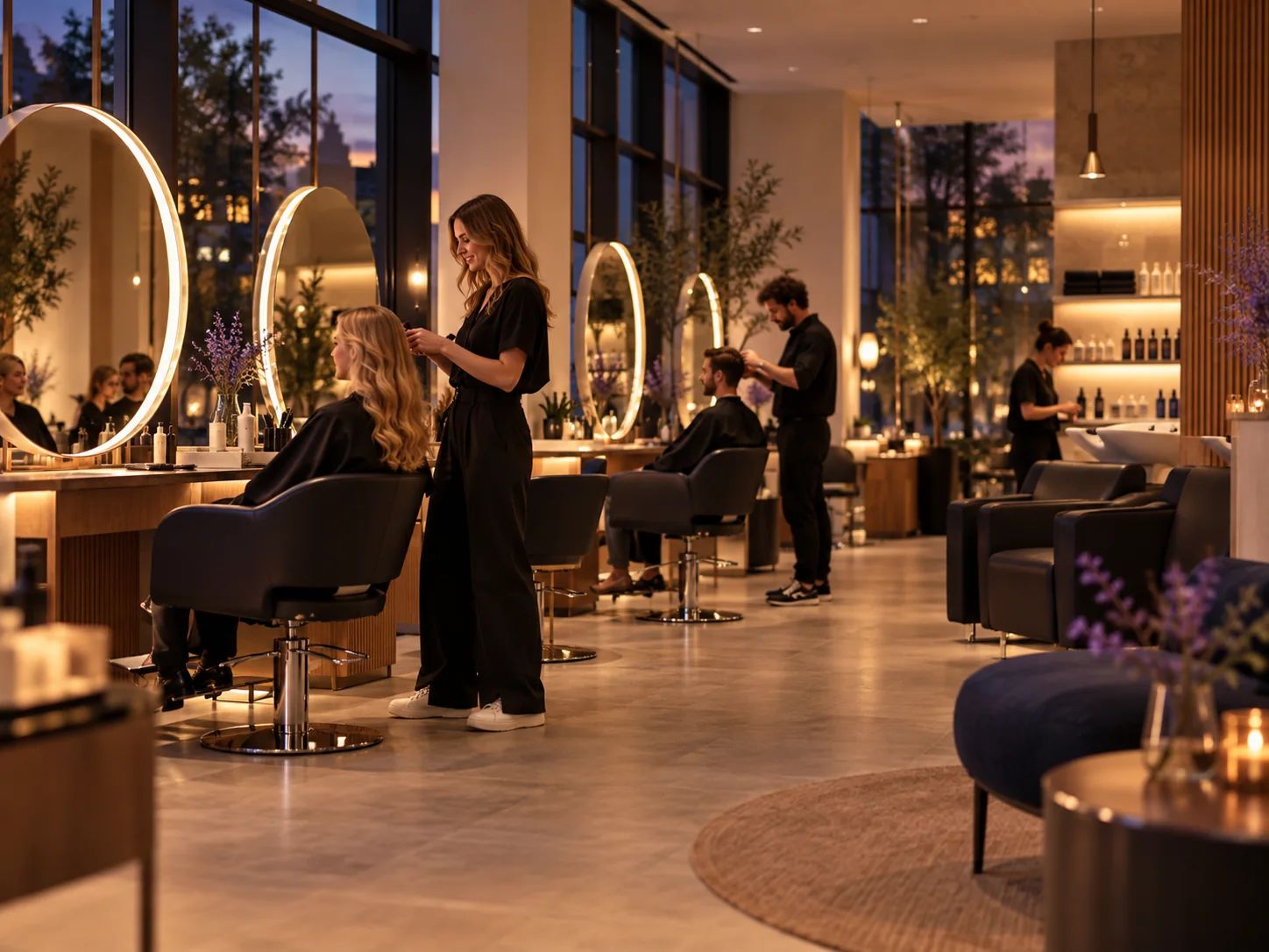 Friseursalon am Abend: Stylisten mit Kundinnen und Kunden an beleuchteten Spiegeln, drau&szlig;en die D&auml;mmerung