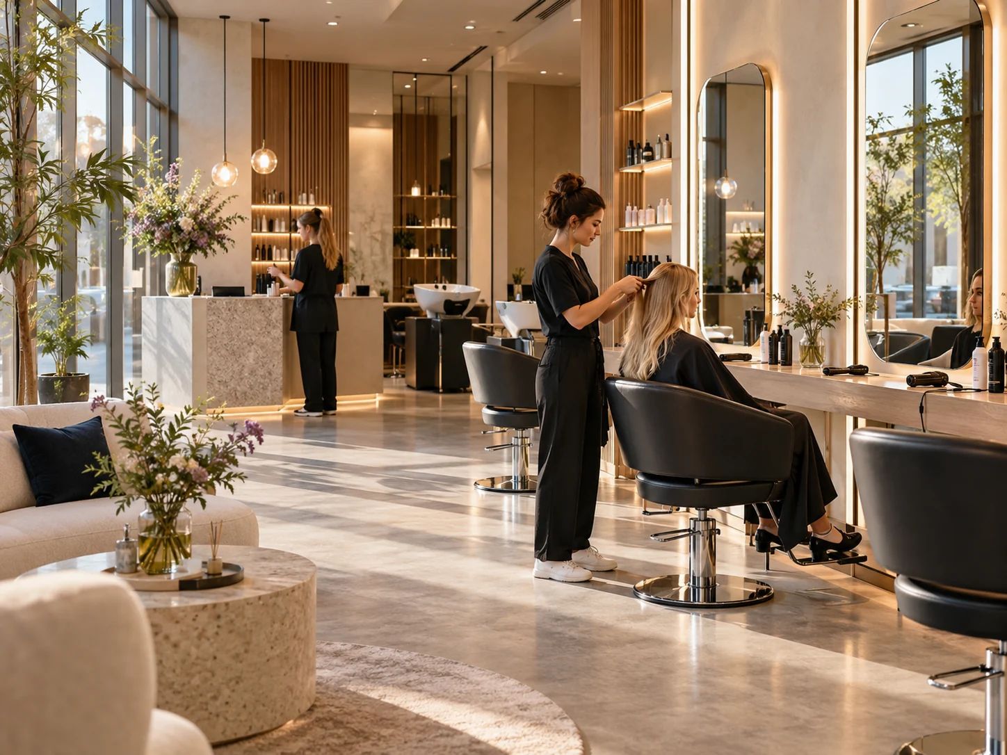 Friseursalon am Morgen: Stylistin frisiert eine Kundin am Stylingplatz, helles Tageslicht durch gro&szlig;e Fenster