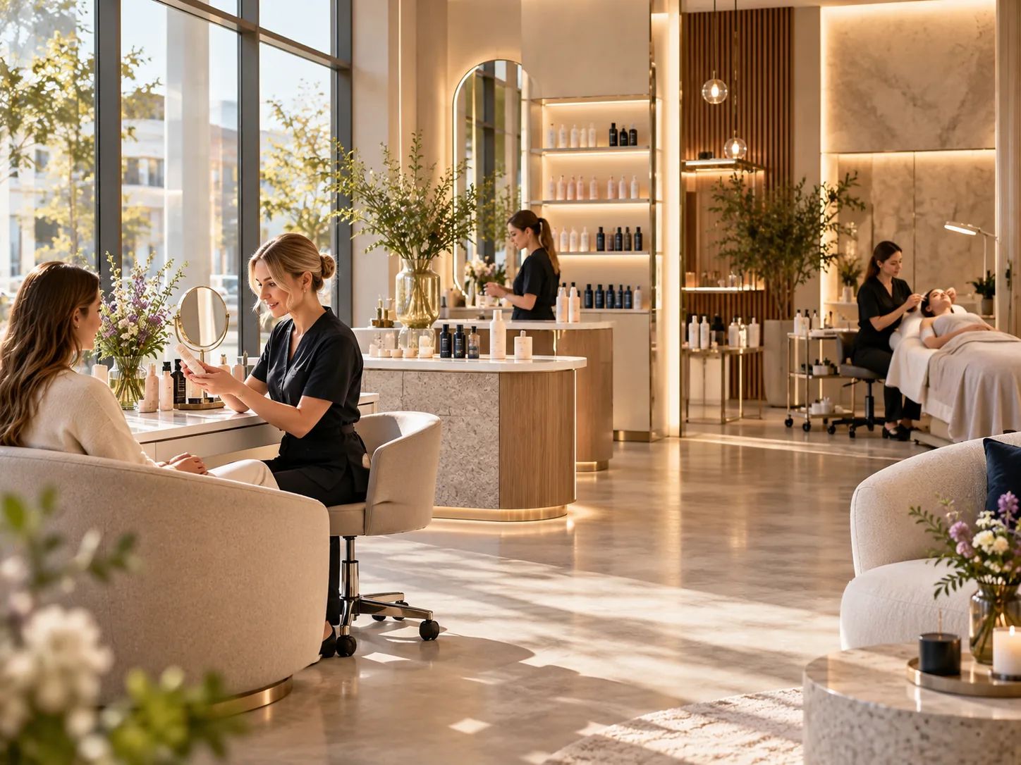 Beauty-Salon tags&uuml;ber: Kosmetikerin ber&auml;t eine Kundin, im Hintergrund Behandlung und Produktregale