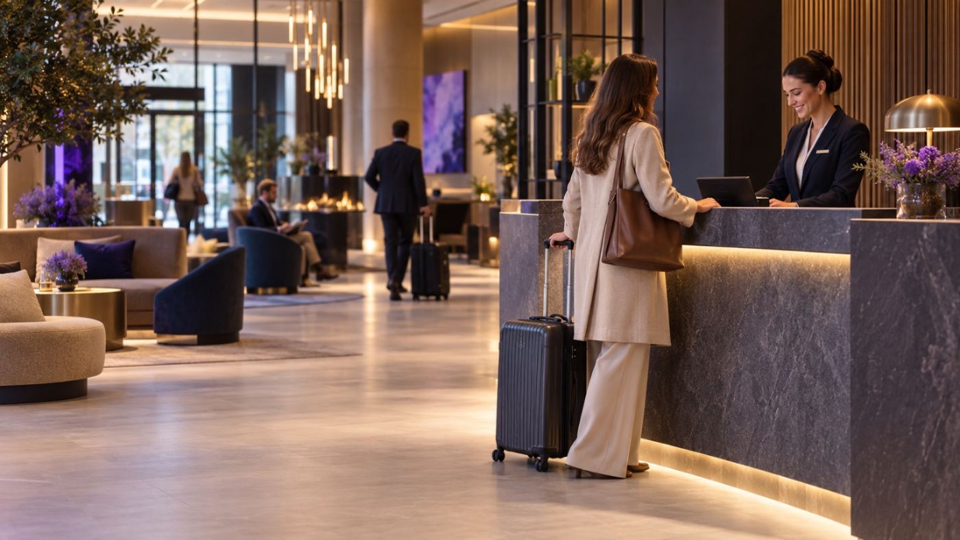 Hotel lobby with reception and lounge area