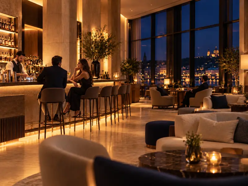 Hotel bar in the evening: guests at the bar and in the lounge