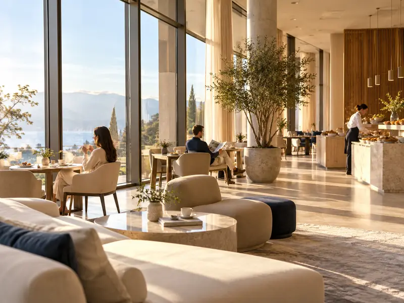 Hotel breakfast lounge in the morning: guests having coffee, breakfast buffet in the background