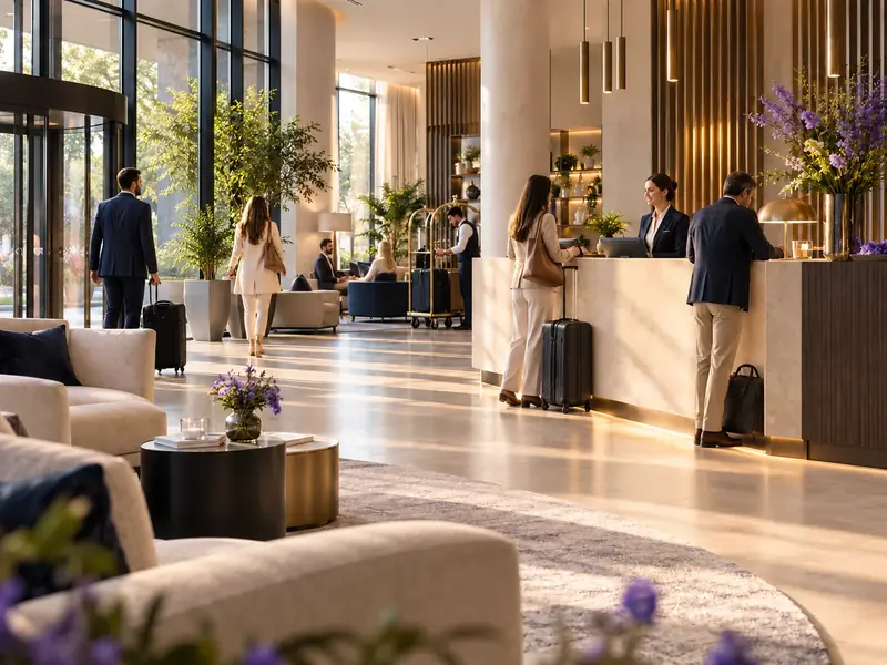 Hotel lobby during the day: guests checking in at reception