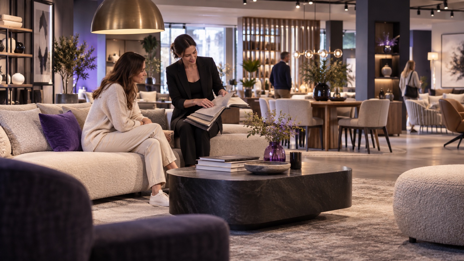 Möbel-Showroom: Beraterin zeigt einer Kundin auf dem Sofa Stoffmuster, im Hintergrund eingerichtete Wohnbereiche