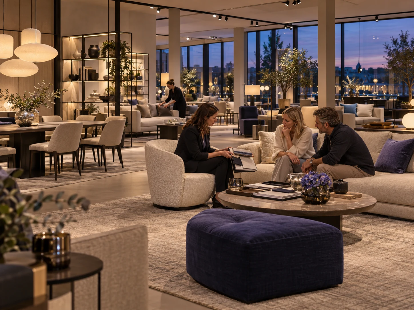 Möbel-Showroom am Abend mit warmem Licht: letzte Beratung in der Sitzgruppe