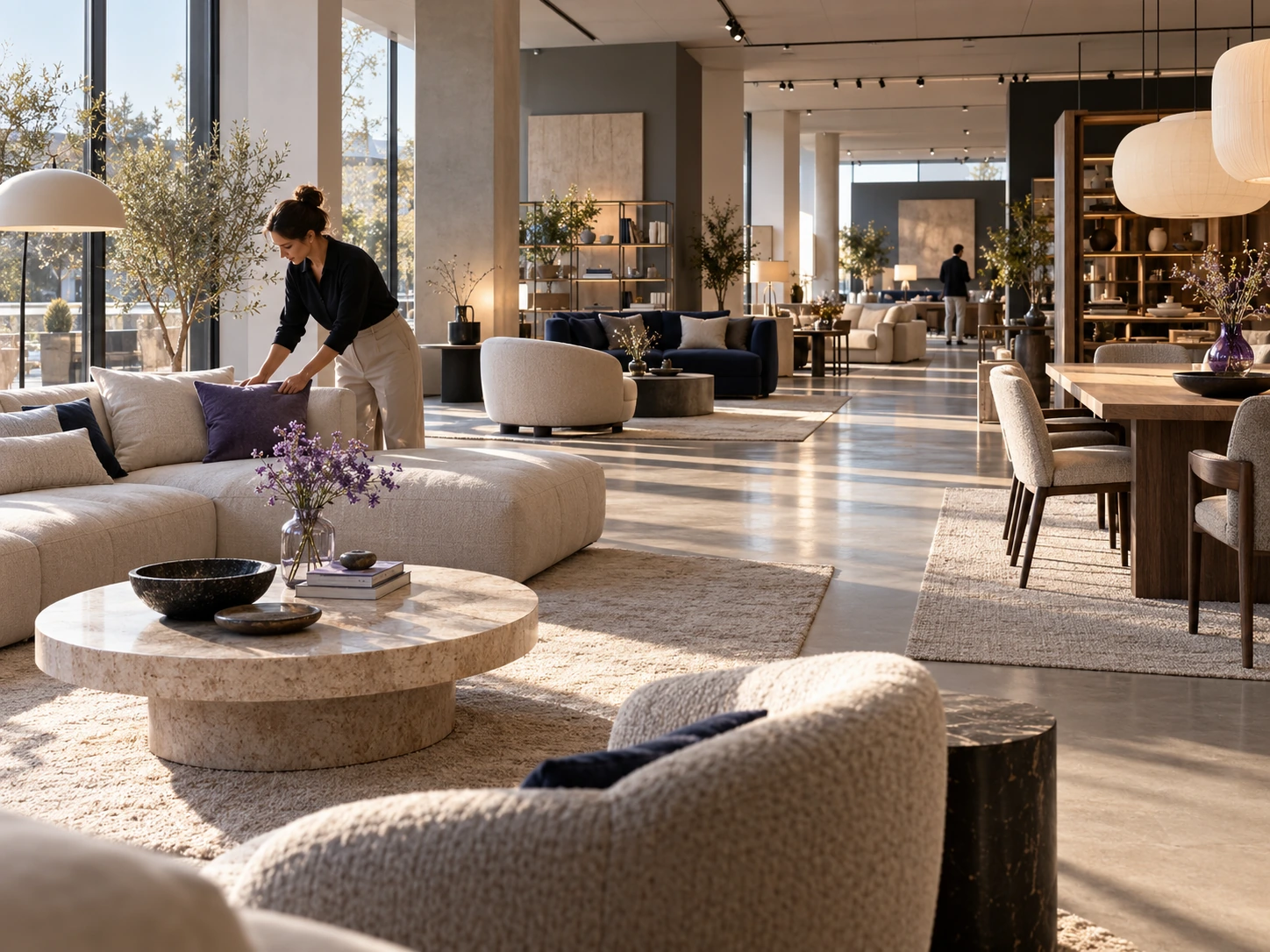 Möbel-Showroom am Morgen: Mitarbeiterin richtet Kissen auf einem Sofa, weiches Tageslicht