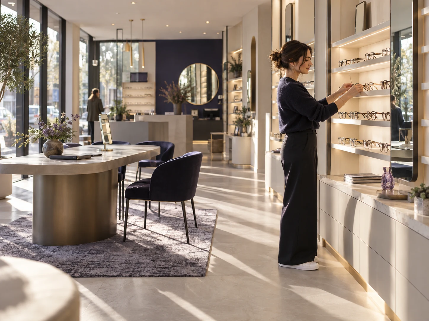 Optikgeschäft am Morgen: Mitarbeiterin richtet Brillen im beleuchteten Regal