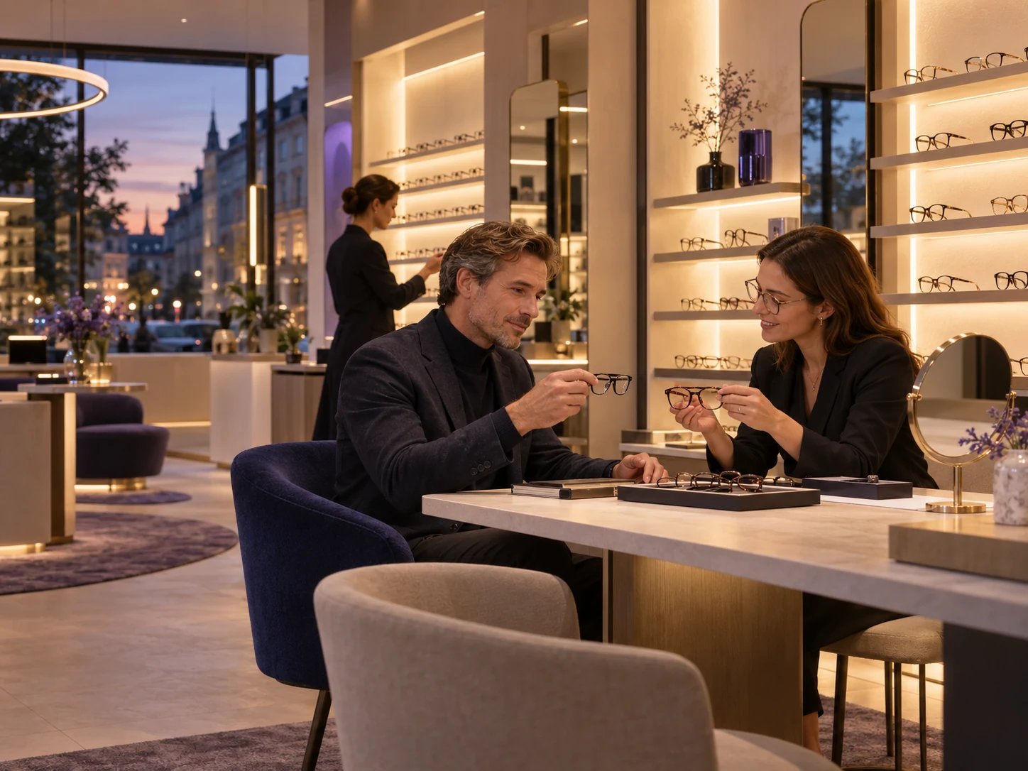 Optikgeschäft am Abend mit warmem Licht: letzte Beratung am Tisch