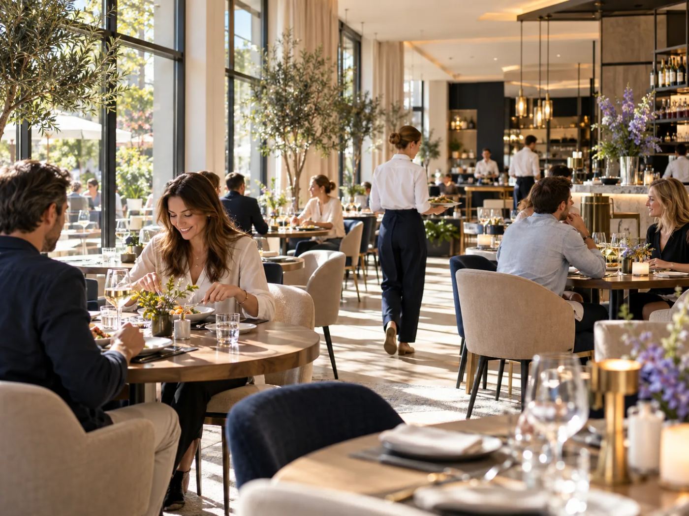 Restaurant zur Mittagszeit: Gäste beim Lunch, Servicekraft trägt Teller durch den hellen Gastraum