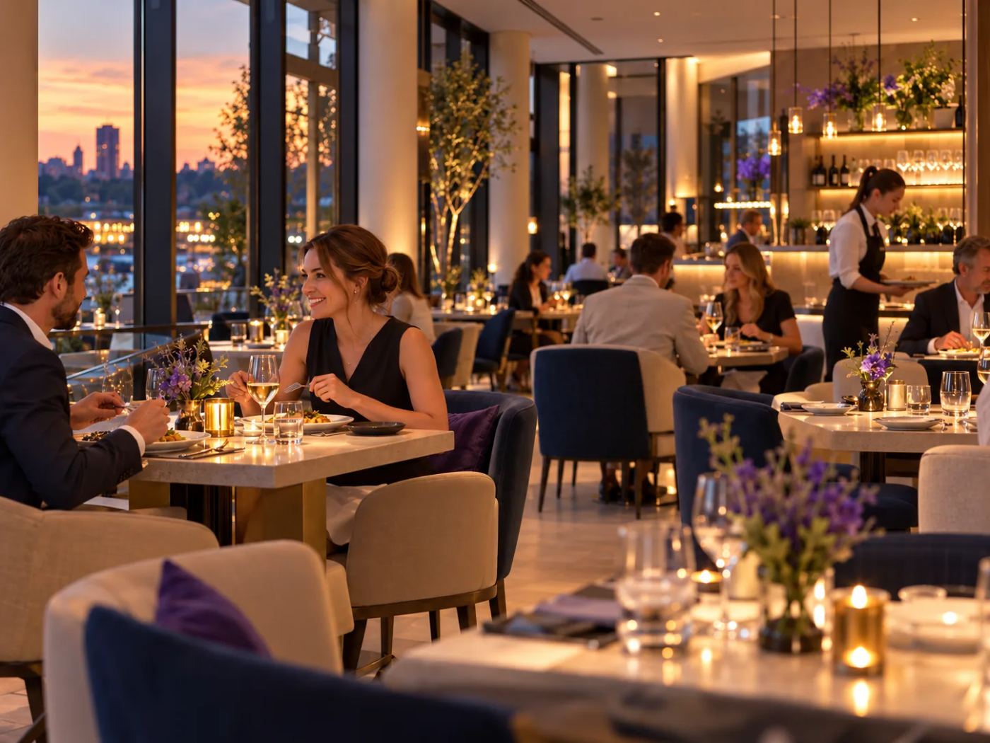 Restaurant am Abend: Gäste beim Dinner bei Kerzenlicht, im Hintergrund die Skyline im Abendrot