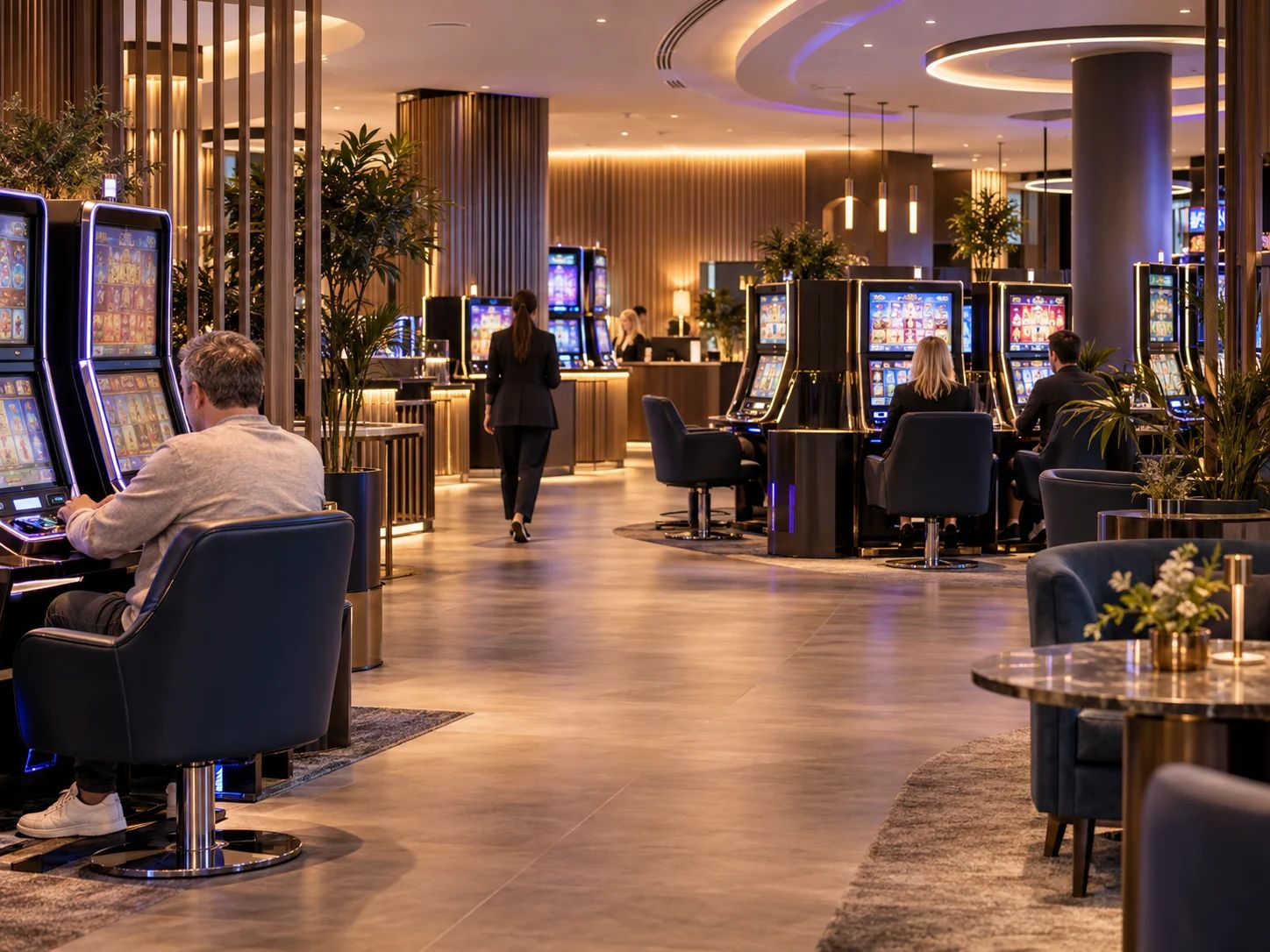 Gaming hall during the day: several guests at the slot machines, warm lighting and lounge furniture
