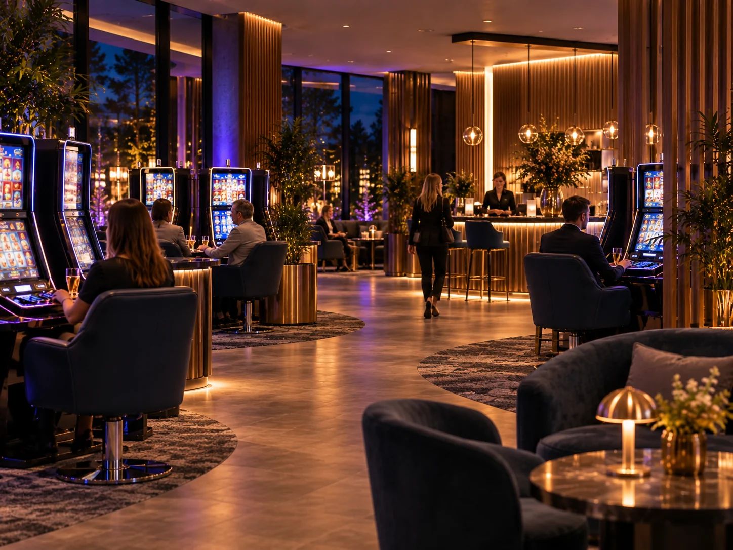 Game hall in the evening: Guests at the slot machines and at the bar, warm light, dusk outside