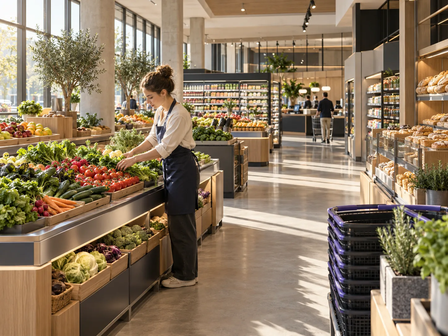 Supermarkt am Morgen: Mitarbeiterin richtet die Gemüseauslage, weiches Tageslicht