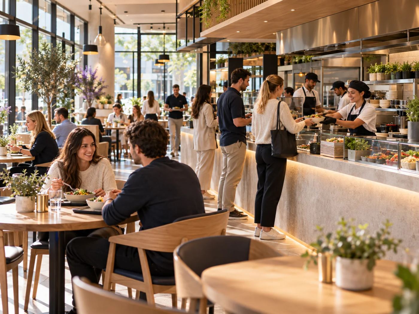 System catering for lunch time: Guests order at the counter, pick up their food and sit at the tables