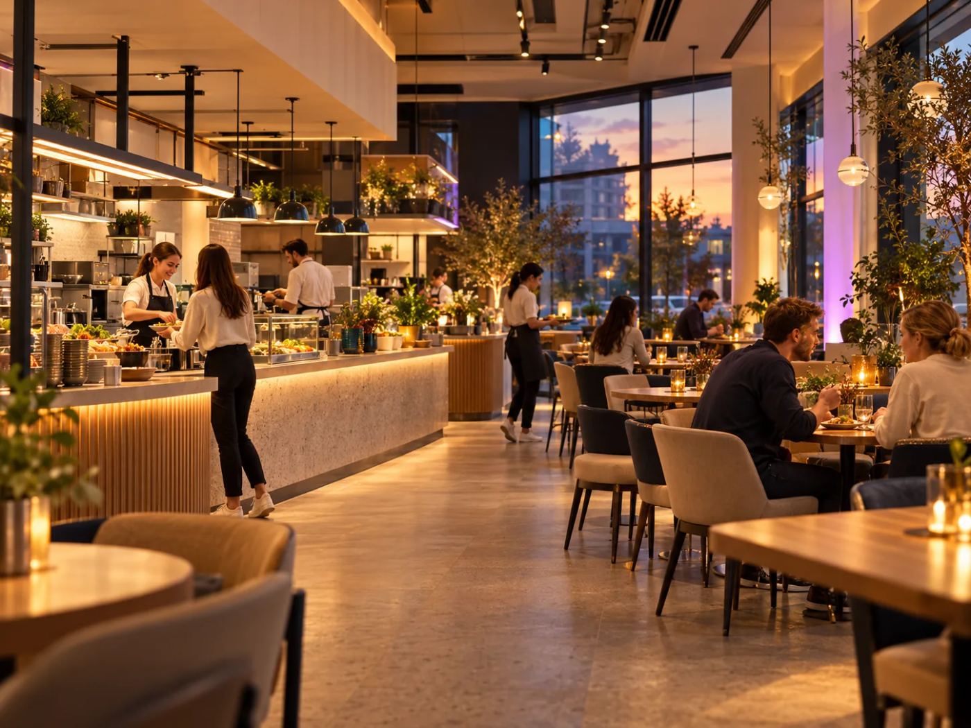 Systemic dining at night: warm light, few guests at the tables, the sunset in the background