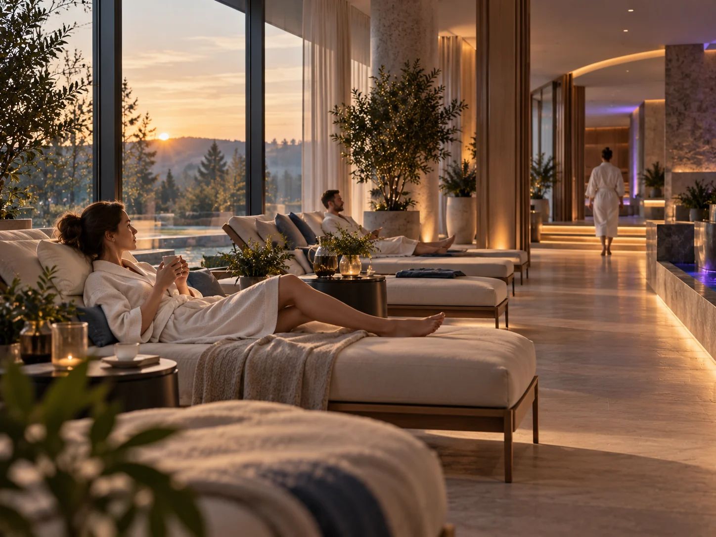 Relaxation area of a spa in the morning: a woman on a bed with a view through large windows of the rising sun