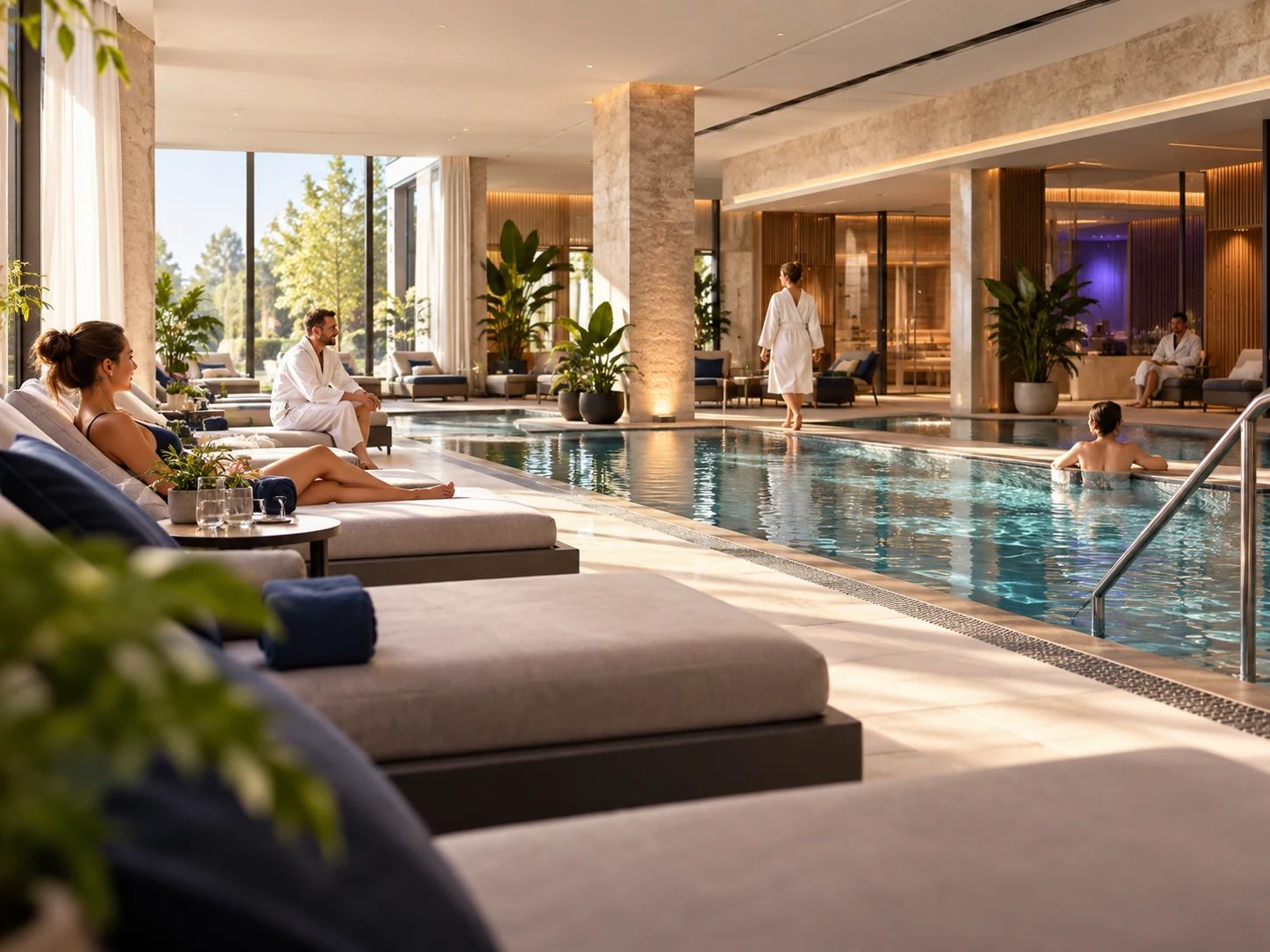 Spa area during the day: Guests on sun loungers and in the pool, bright daylight through large windows