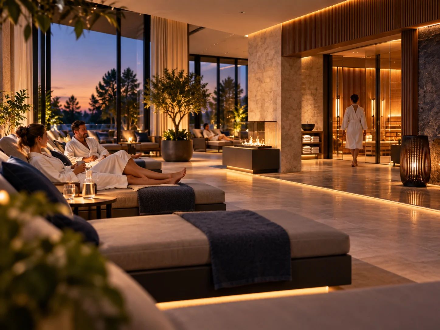 Spa lounge in the evening: Guests in bathrobes on loungers, warm light and fireplace, dusk outside
