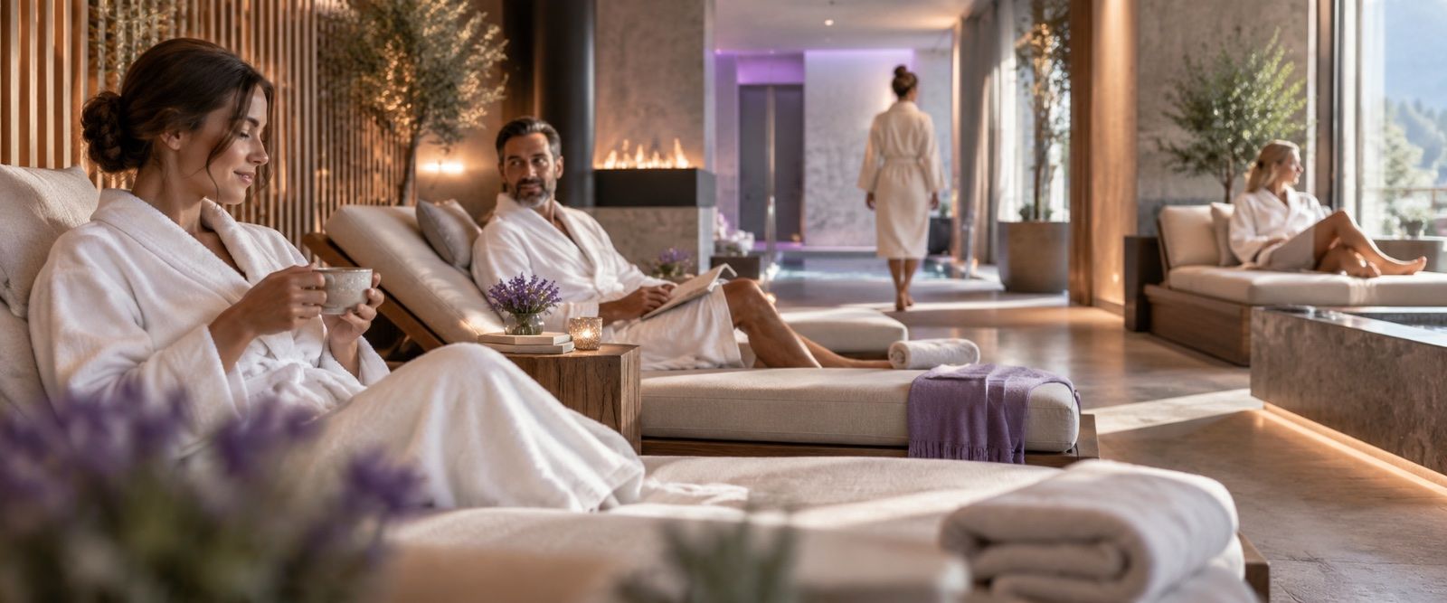 Relaxation area of a modern spa: guests on sun loungers, warm lighting and natural materials